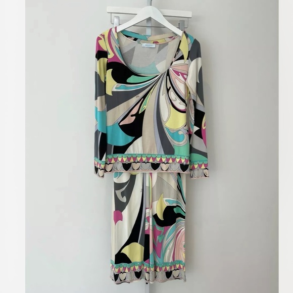 EMILIO PUCCI BLUE MULTI SET PANT 81RT41 IT 42 / US 8 & TOP 81R001 SIZE M - Picture 1 of 16